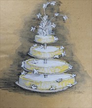 Wedding cake, design flower decoration for wedding, pencil drawing, sketch, mixed media,