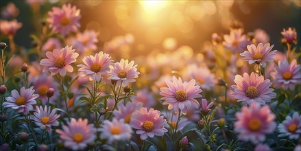 Spring meadow with numerous colourful daisies in the soft evening light. The background is softly