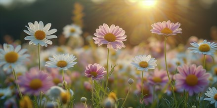 Spring meadow with numerous colourful daisies in the soft evening light. The background is softly