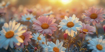 Spring meadow with numerous colourful daisies in the soft evening light. The background is softly