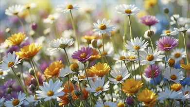 Spring meadow with a variety of colourful daisies and other flowers. The background is softly