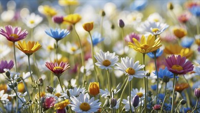 Spring meadow with a variety of colourful daisies and other flowers. The background is softly