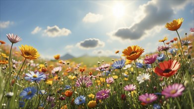 Spring meadow with a variety of colourful flowers. The background with blue sky and backlighting is