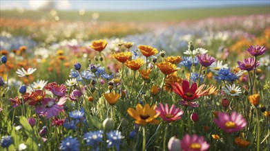 Spring meadow with a variety of colourful flowers. The background is softly focussed. AI generated,