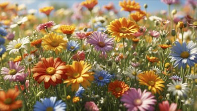 Spring meadow with a variety of colourful flowers. The background is softly focussed. AI generated,