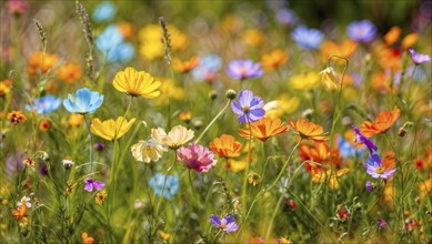 Spring meadow with a variety of colourful flowers. The background is softly focussed. AI generated,