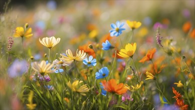 Spring meadow with a variety of colourful flowers. The background is softly focussed. AI generated,