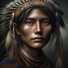Portrait of a woman adorned with a Native American headdress and tribal jewelry, AI generated