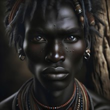 Close-up of an African man with facial scarification and tribal accessories, AI generated