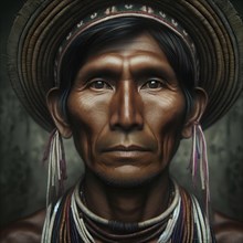 Close-up portrait of an indigenous man with a woven hat and colorful necklace, AI generated