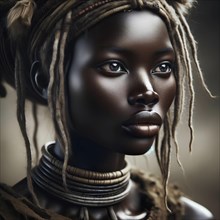 Close-up of a young African woman with neck rings and dreadlocks against a blurred background, AI