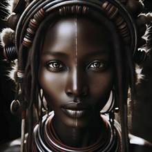 A striking portrait of an African woman with an ornate headdress and tribal jewelry, AI generated