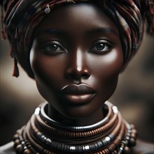 Close-up of an African woman wearing a headscarf and multiple beaded necklaces, AI generated