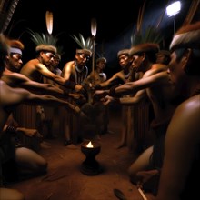 A group of indigenous people engaged in a traditional dance ritual around a flame at night, AI