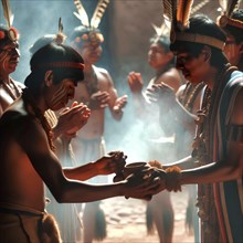 Two indigenous men making a sacred offering in a smoky hut with others observing, AI generated