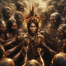 A man is surrounded by his tribe in a spiritual initiation ceremony with body paint and headdress,