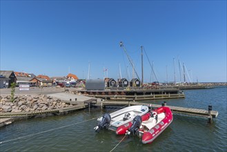 Lundeborg, small harbour town on East Fyn, jetty, sailing harbour with wooden houses, rubber