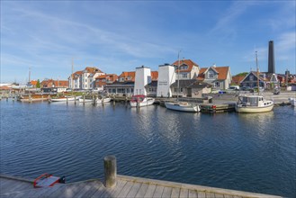 Kerteminde, sailing boats, fish restaurant, fish smokehouse with chimney, jetty, Great Belt, Fyn,