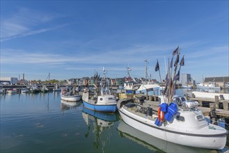 Fishing harbour of Kerteminde, flag mark, Great Belt, Fyn, Fyn Island, Baltic Sea, Denmark, Europe
