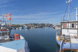 Fishing harbour of Kerteminde, Danish flag, Great Belt, Fyn, Fyn Island, Baltic Sea, Denmark,