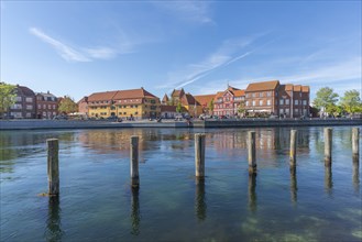 Small town of Kerteminde on the Great Belt, old town on the harbour basin, dolphins, Fyn, Fyn