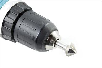 Close-up of the special wood drill, wood drill tool with cordless electric screwdriver