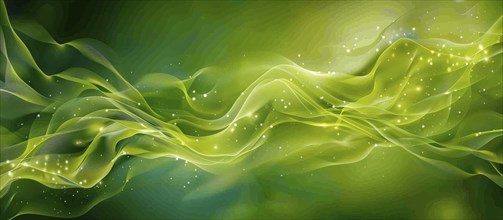 An abstract digital artwork featuring green flowing shapes with light particles, evoking a dynamic