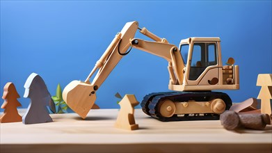 Vintage wooden excavator toy with a playful design in front of blue background, AI generated