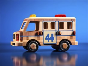 Vintage wooden ambulance car toy with a playful design in front of blurred background, AI generated