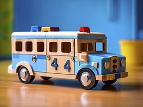Vintage wooden ambulance car toy with a playful design in front of blurred background, AI generated