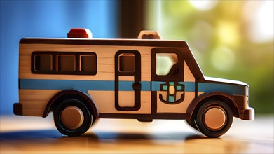 Vintage wooden ambulance car toy with a playful design in front of blurred background, AI generat,