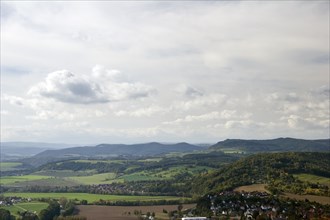 View of the Saale valley of the Salleholzland from the Leuchtenburg castle near Kahla in Thuringia