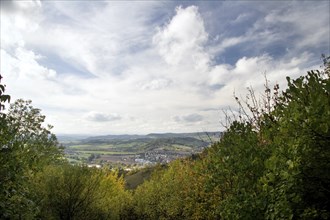 View of the Saale valley of the Salleholzland from the Leuchtenburg castle near Kahla in Thuringia