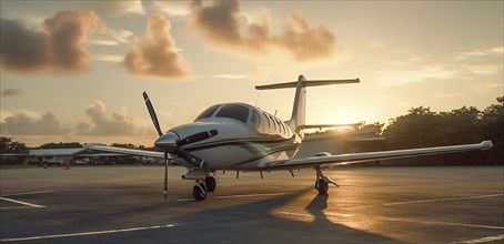 Private luxury jet airplane in tropical location waiting on the tarmac at sunset, generatvie AI, AI