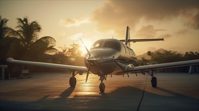 Private luxury jet airplane in tropical location waiting on the tarmac at sunset, generatvie AI, AI