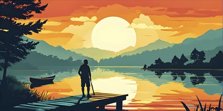 Cartoon vector illustration of an elderly man at a tranquil mountain lake, AI generated