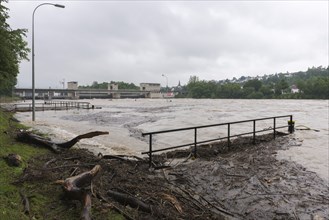 Symbolic image Extreme weather, global warming, climate change Flood, alluvial wood, footbridge,