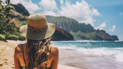 A young woman is standing on a beach while looking out at the ocean, AI generated