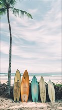 A row of surfboards at the beach, AI generated