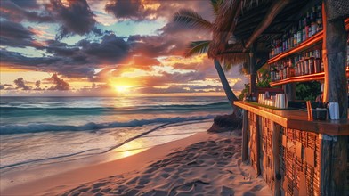 A beach with a bar and a sunset in the background. The bar is wooden and has a lot of bottles on