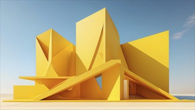 Yellow toned minimalist architecture in 3d render against surreal backdrop, AI generated