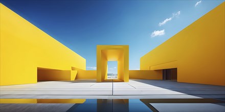 Yellow toned minimalist architecture in 3d render against surreal backdrop, AI generated