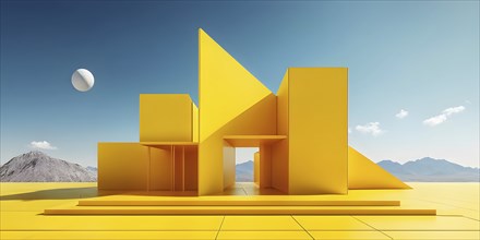 Yellow toned minimalist architecture in 3d render against surreal backdrop, AI generated