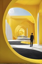 Yellow toned minimalist architecture in 3d render against surreal backdrop, AI generated