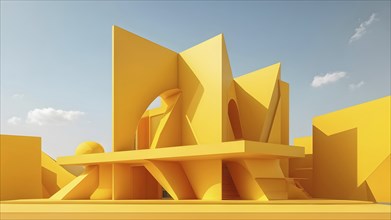 Yellow toned minimalist architecture in 3d render against surreal backdrop, AI generated