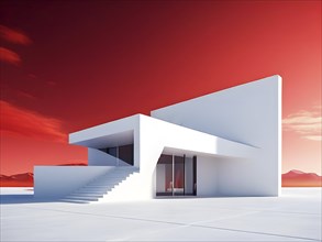 White toned minimalist architecture in 3d render against surreal backdrop, AI generated