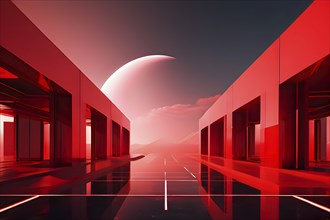 Red toned minimalist architecture in 3d render against surreal backdrop, AI generated