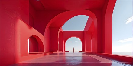 Red toned minimalist architecture in 3d render against surreal backdrop, AI generated