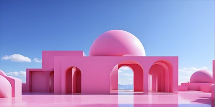 Pink toned minimalist architecture in 3d render against surreal backdrop, AI generated