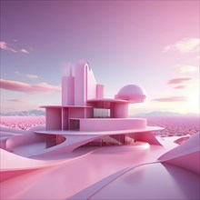 Pink toned minimalist architecture in 3d render against surreal backdrop, AI generated